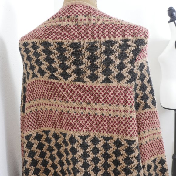 Full Tilt Tan Black Red Boho Print Fringe Uneven Hem Soft Size Small Cardigan - Picture 6 of 13
